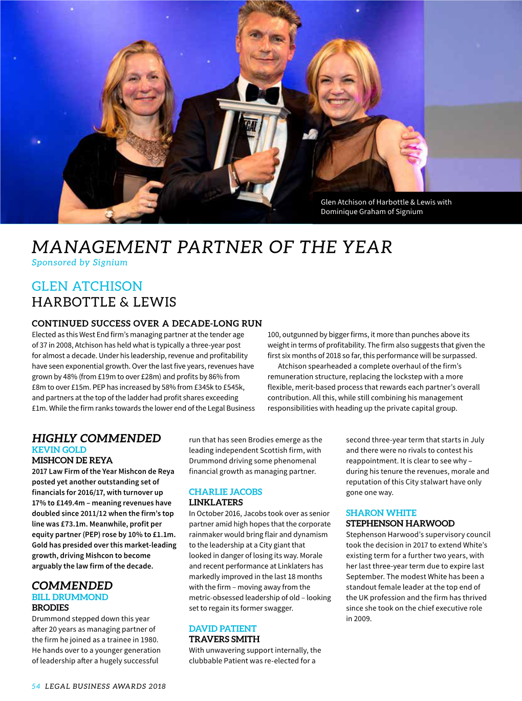 MANAGEMENT PARTNER of the YEAR Sponsored by Signium GLEN ATCHISON HARBOTTLE & LEWIS