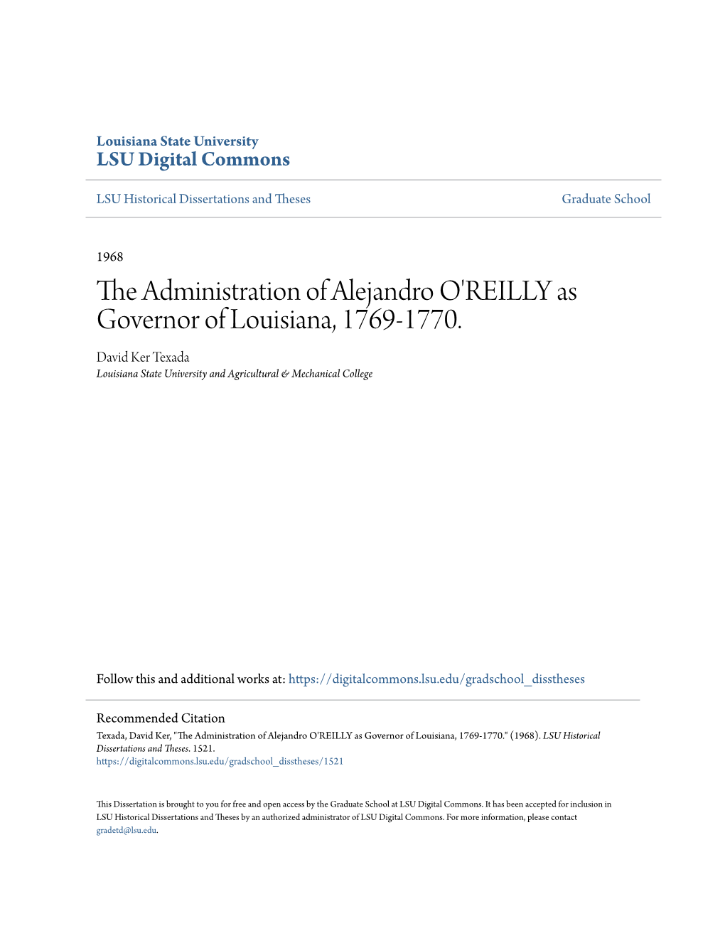 The Administration of Alejandro O'reilly As Governor of Louisiana, 1769-1770