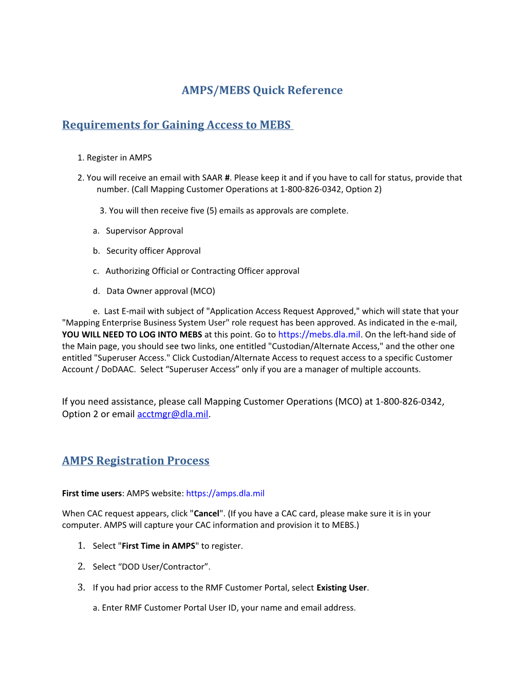 AMPS/MEBS Quick Reference