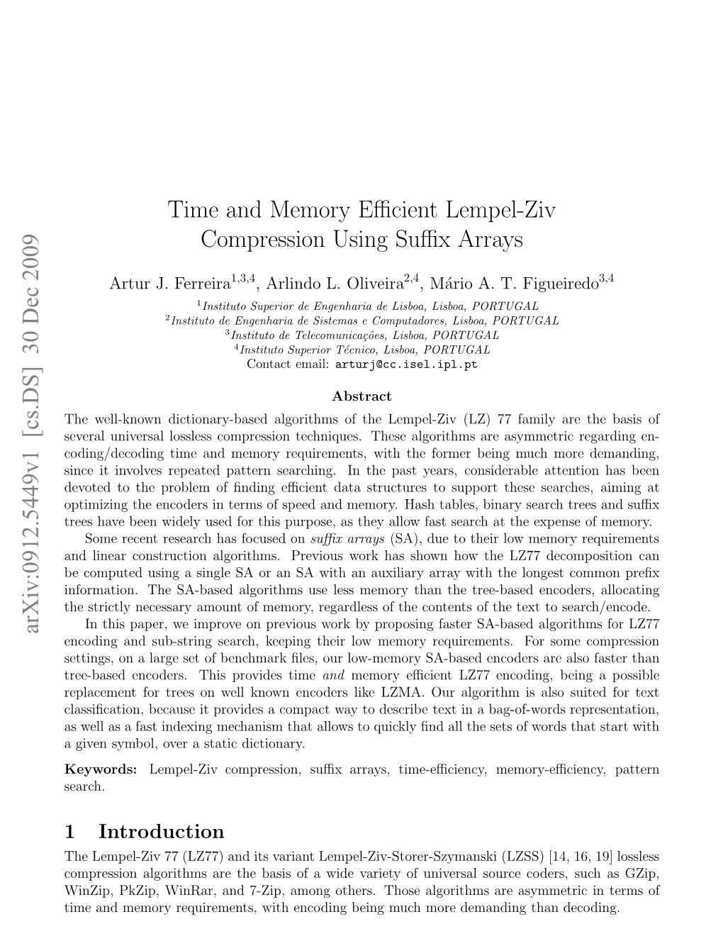 Time and Memory Efficient Lempel-Ziv Compression Using Suffix Arrays