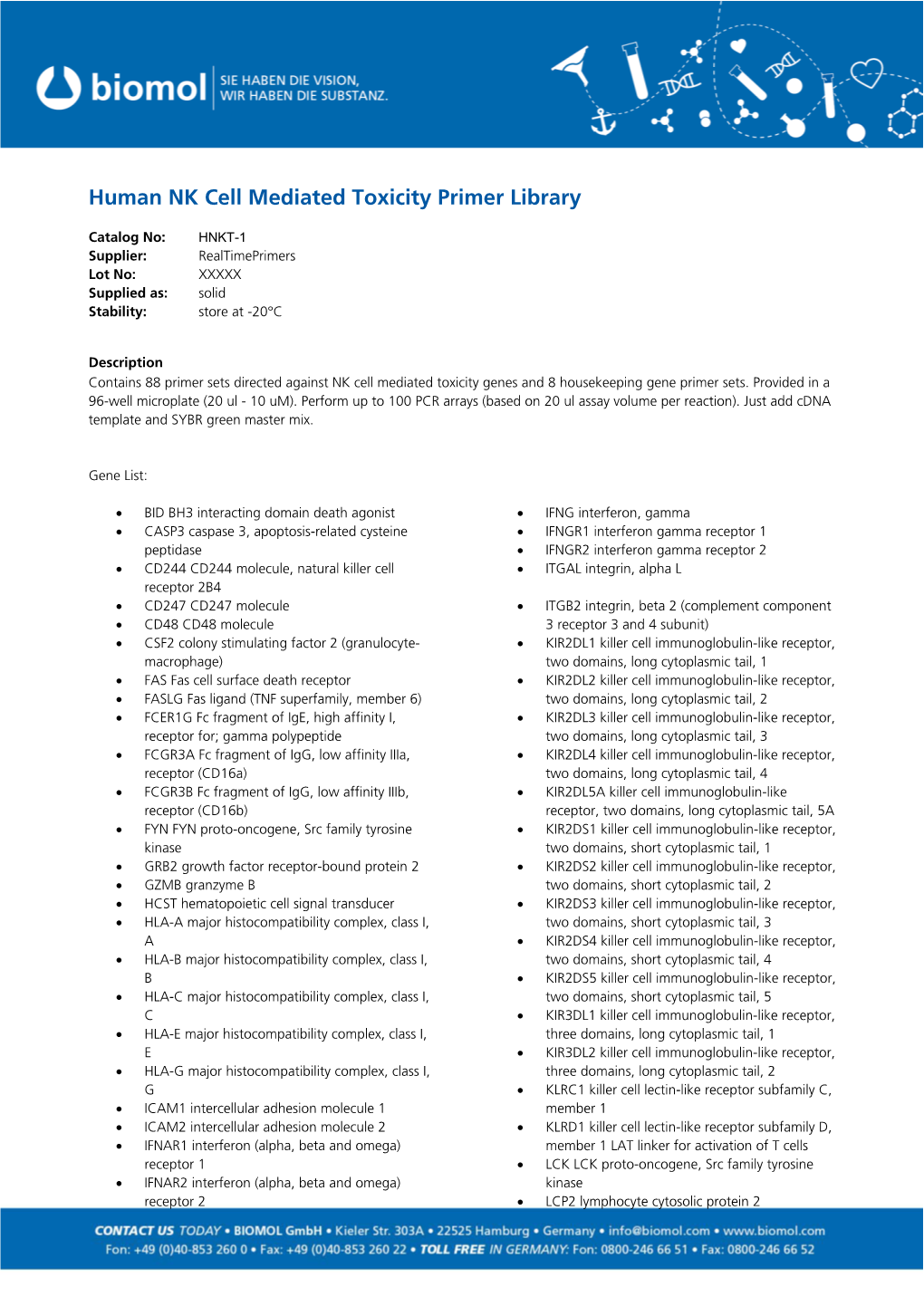 Human NK Cell Mediated Toxicity Primer Library