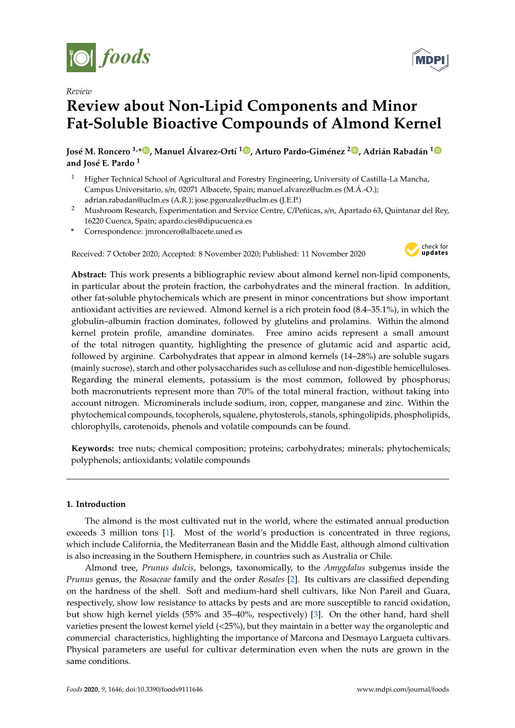 Review About Non-Lipid Components and Minor Fat-Soluble Bioactive Compounds of Almond Kernel