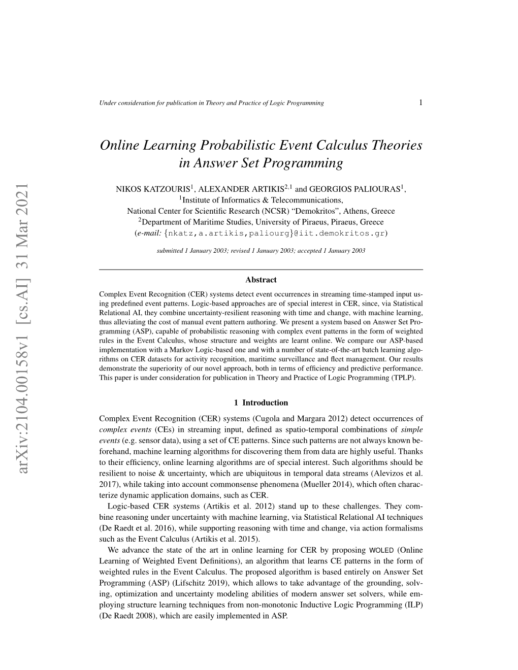 Online Learning Probabilistic Event Calculus Theories in Answer Set Programming