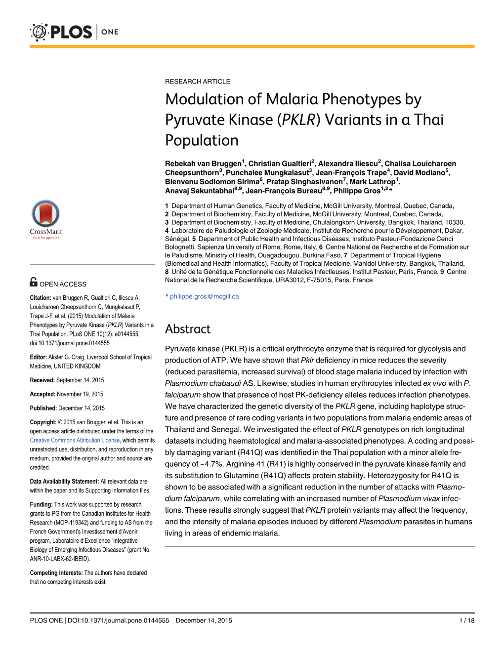Modulation of Malaria Phenotypes by Pyruvate Kinase (PKLR) Variants in a Thai Population