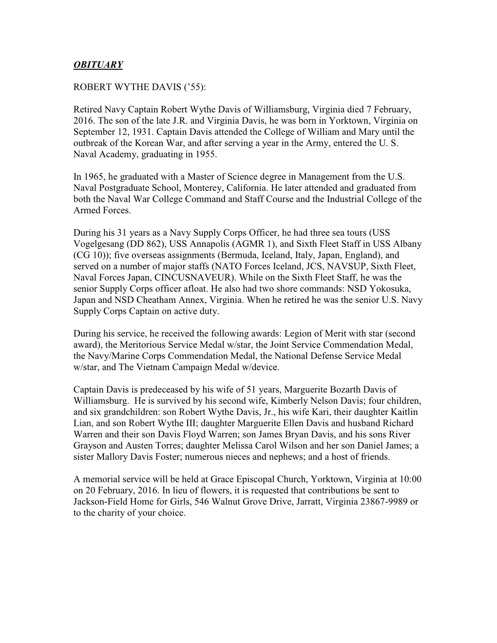 Obituary Robert Wythe Davis