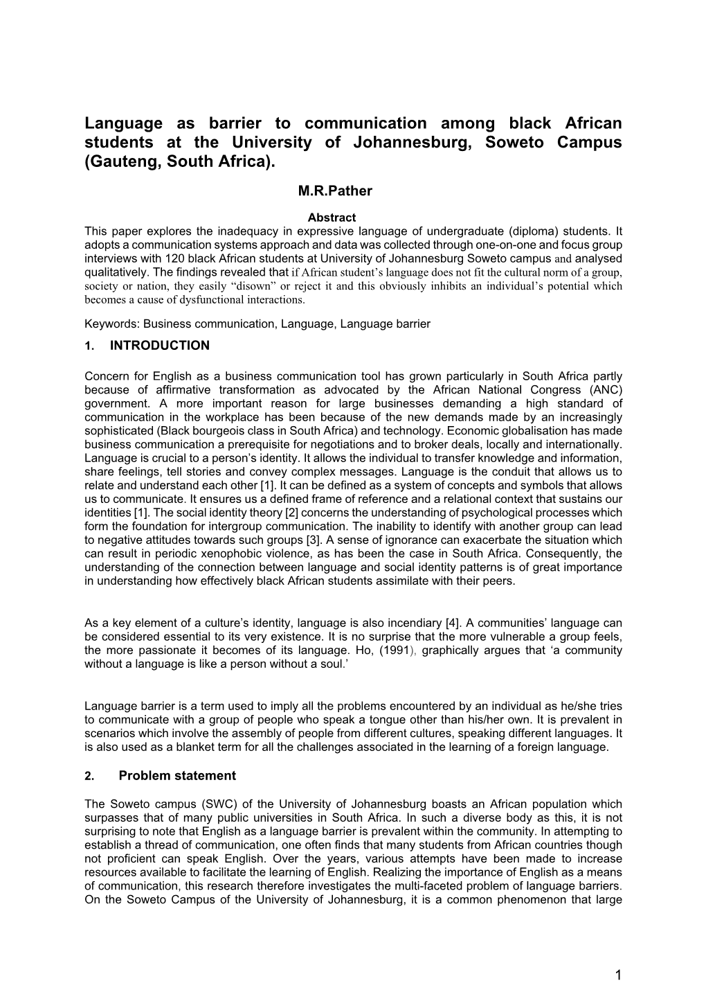 Language As Barrier to Communication Among Black African Students at the University of Johannesburg, Soweto Campus (Gauteng, South Africa)