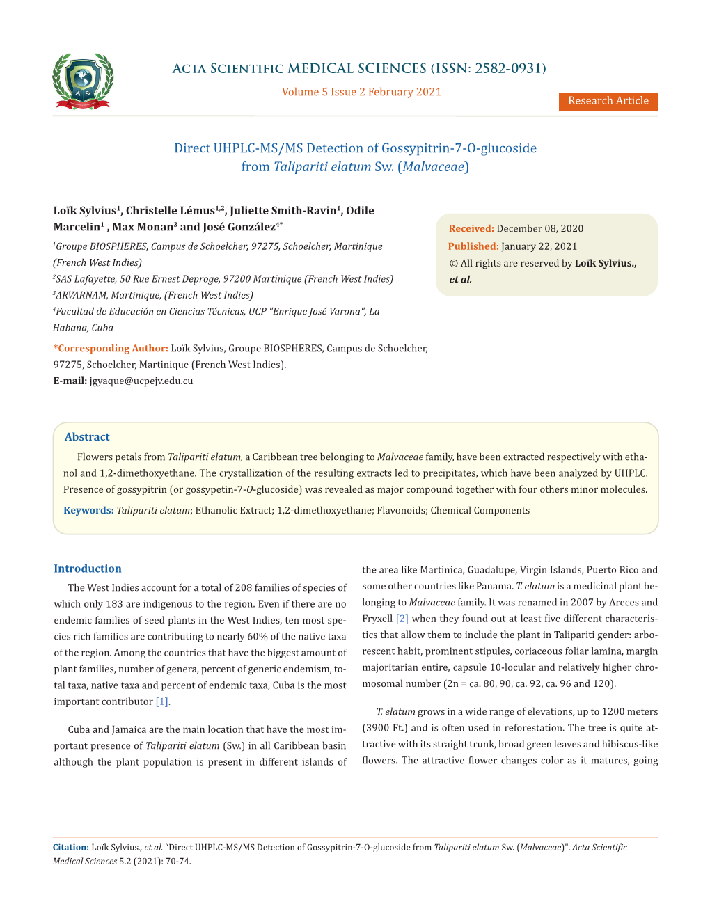 Direct UHPLC-MS/MS Detection of Gossypitrin-7-O-Glucoside from Talipariti Elatum Sw