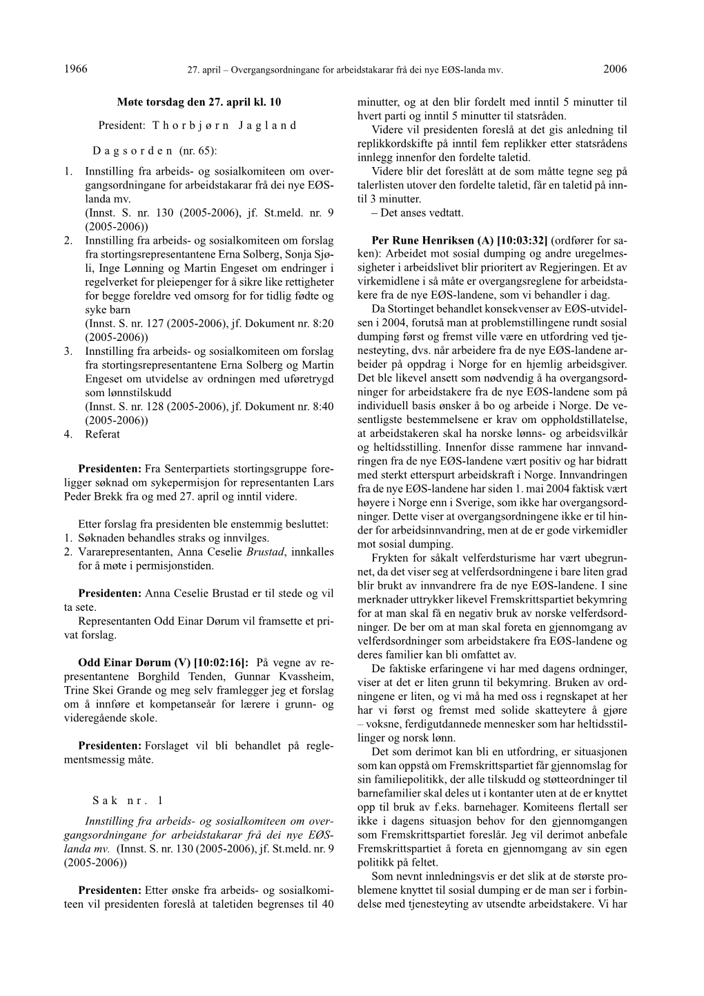 2006 1966 Møte Torsdag Den 27. April Kl. 10 President: T Horbj Ø