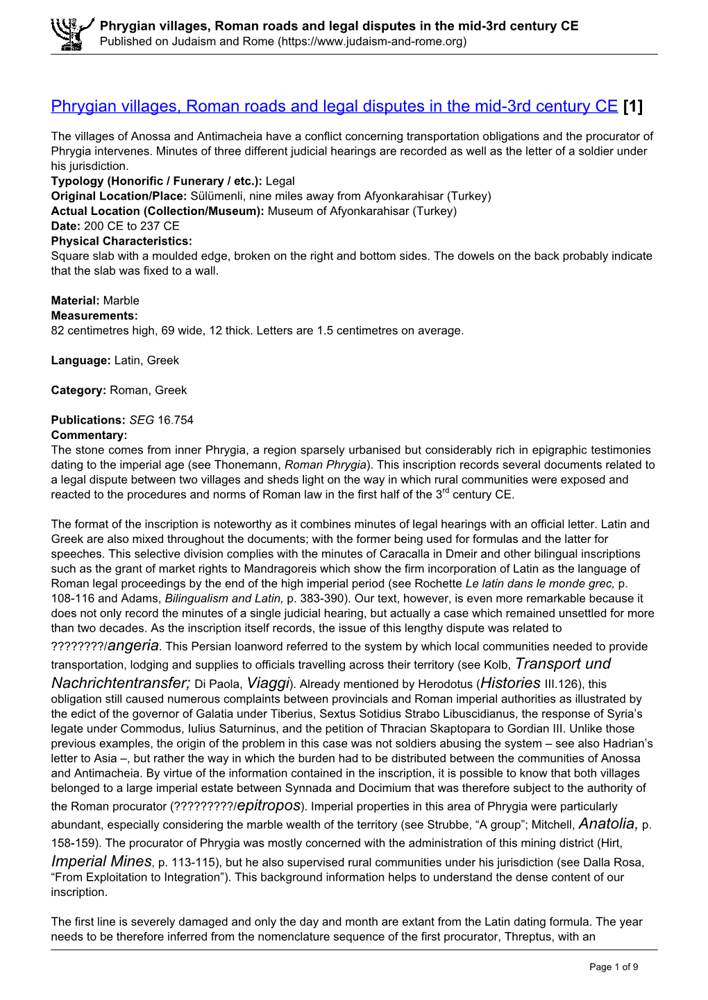 Phrygian Villages, Roman Roads and Legal Disputes in the Mid-3Rd Century CE Published on Judaism and Rome (