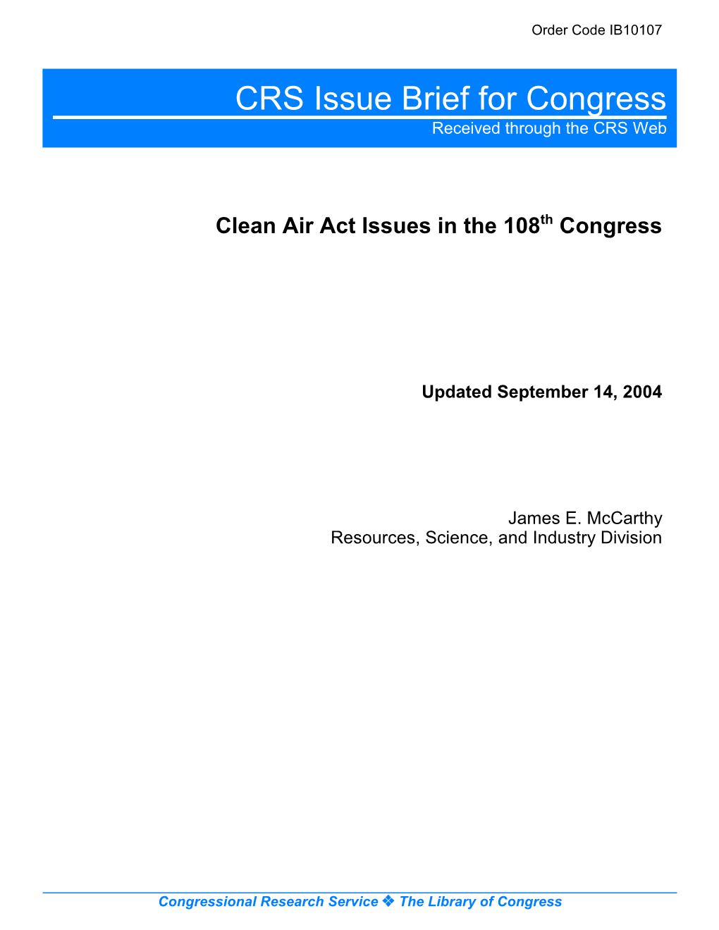 Clean Air Act Issues in the 108Th Congress