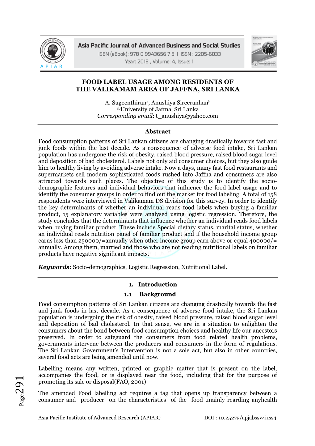 Food Label Usage Among Residents of the Valikamam Area of Jaffna, Sri Lanka