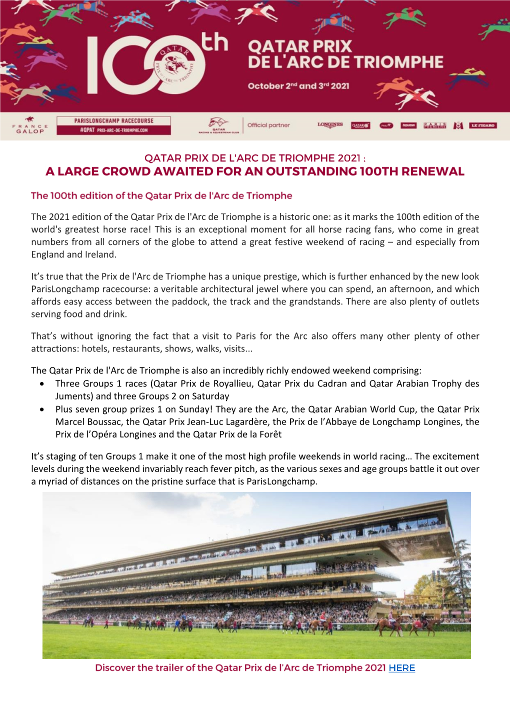 The 2021 Edition of the Qatar Prix De L'arc De Triomphe Is a Historic