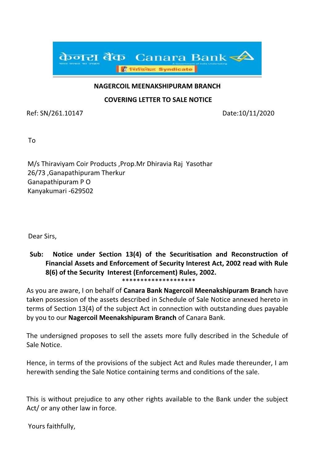 NAGERCOIL MEENAKSHIPURAM BRANCH COVERING LETTER to SALE NOTICE Ref: SN/261.10147 Date:10/11/2020