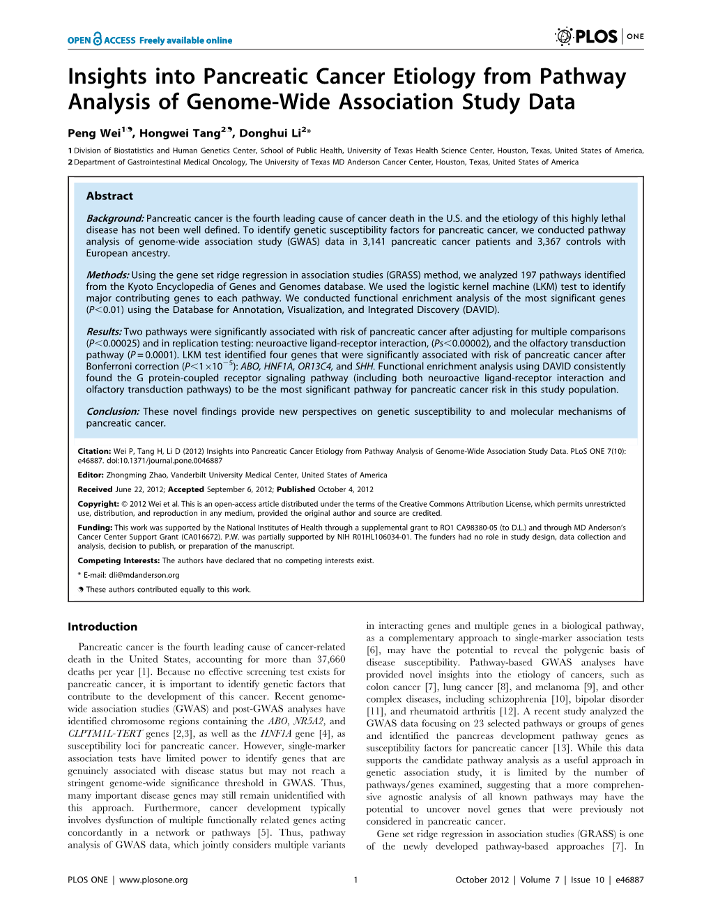 Insights Into Pancreatic Cancer Etiology from Pathway Analysis of Genome-Wide Association Study Data