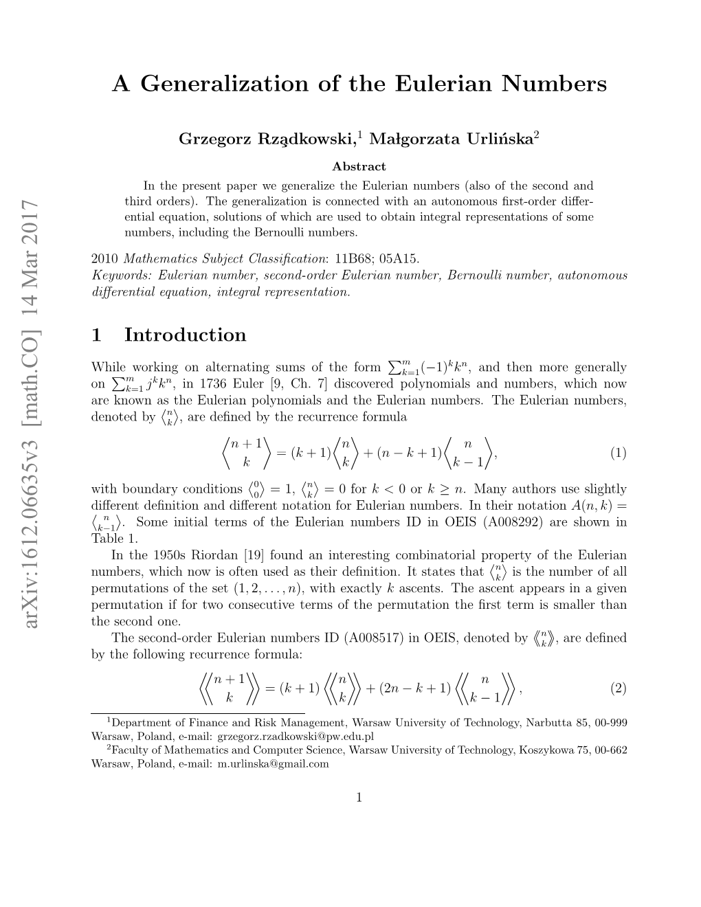 A Generalization of the Eulerian Numbers