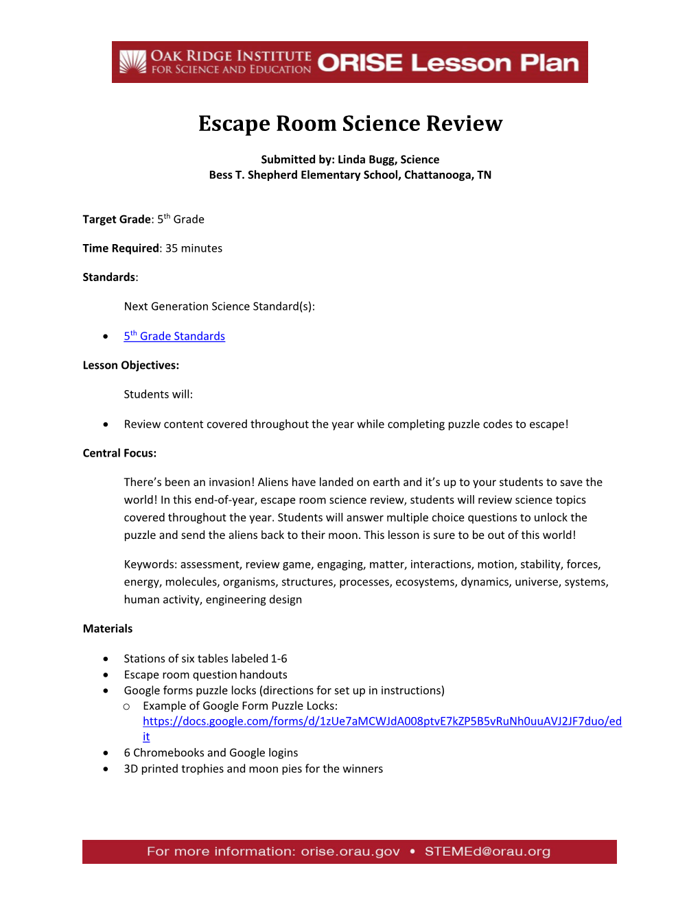 ORISE Lesson Plan: Escape Room Science Review