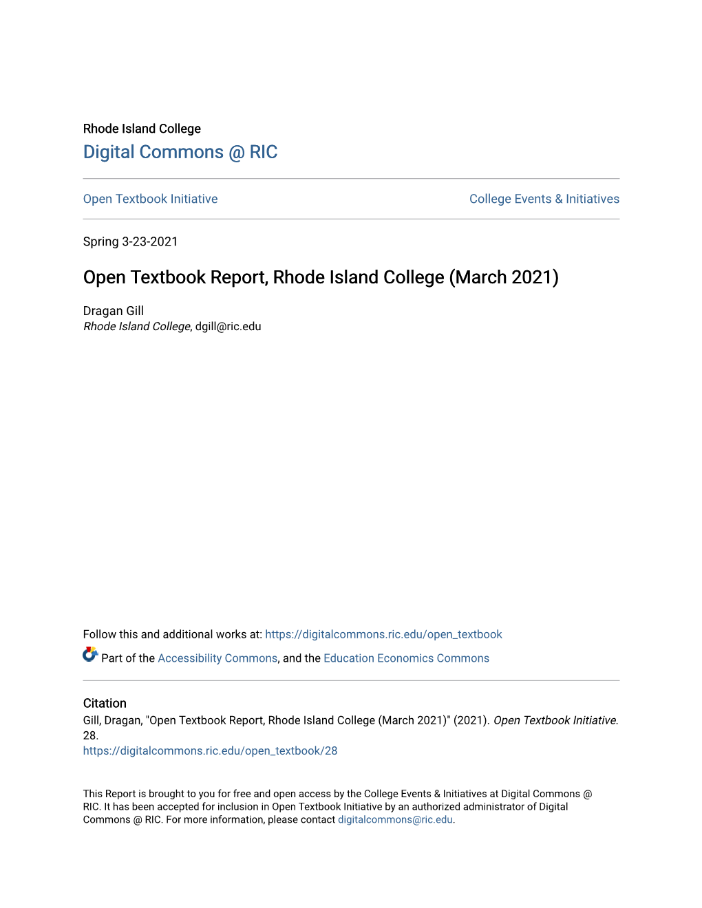 Open Textbook Report, Rhode Island College (March 2021)