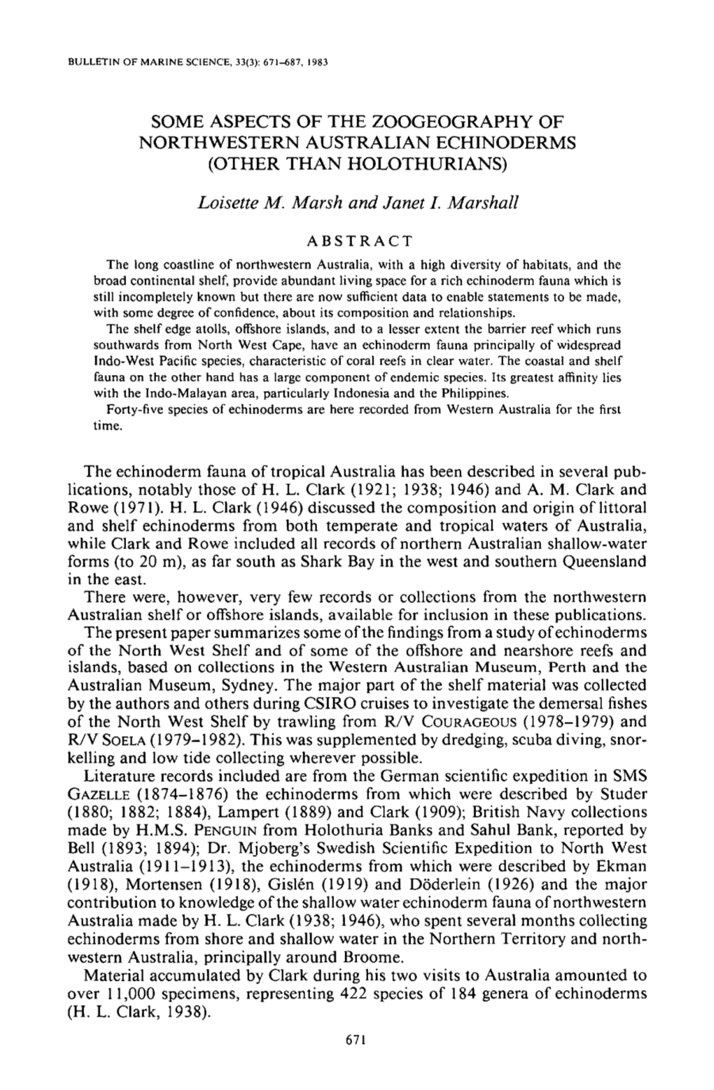 Some Aspects of the Zoogeography of Northwestern Australian Echinoderms (Other Than Holothurians)