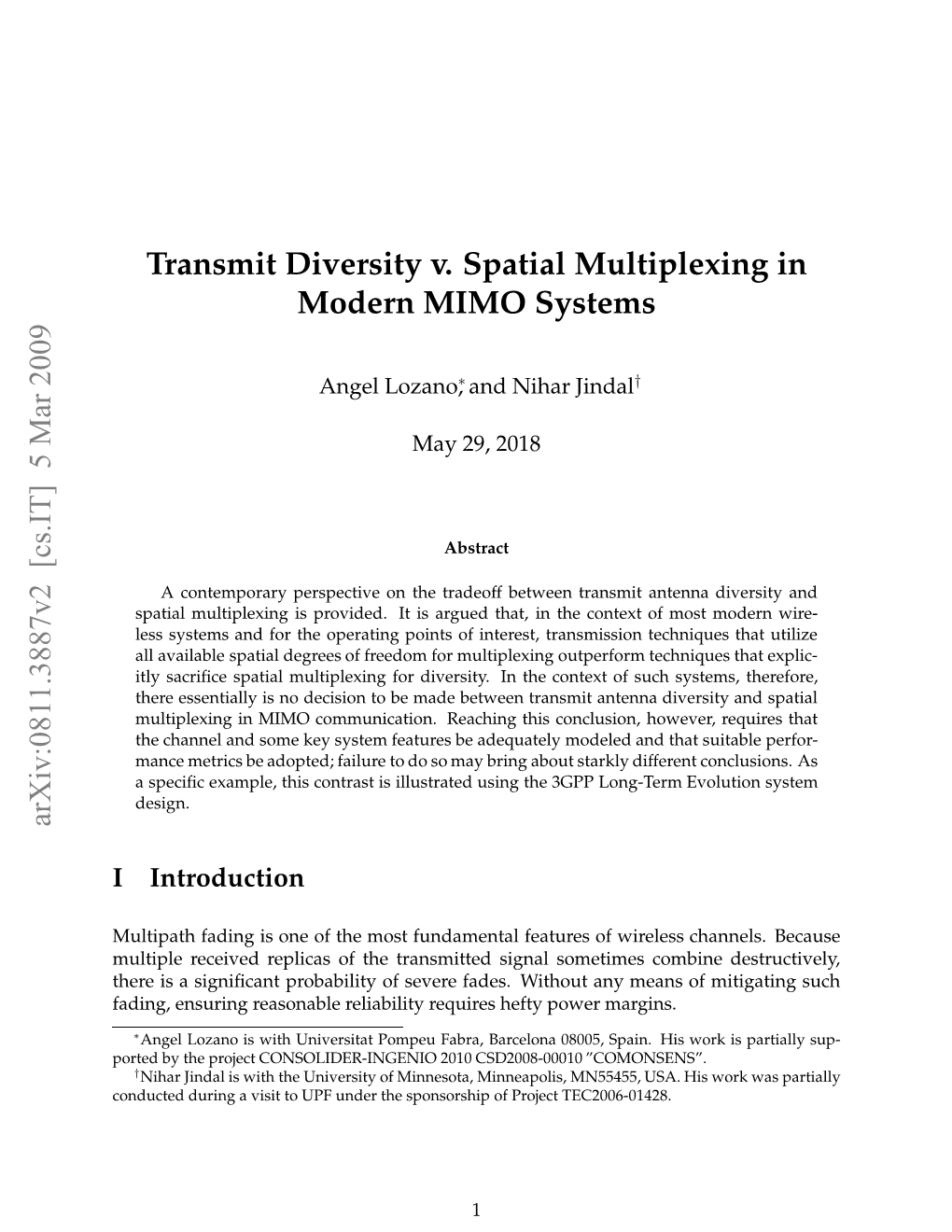 Transmit Diversity V. Spatial Multiplexing in Modern MIMO