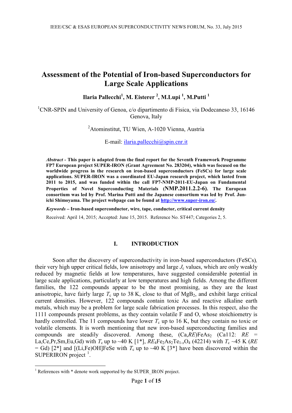 Assessment of the Potential of Iron-Based Superconductors for Large Scale Applications