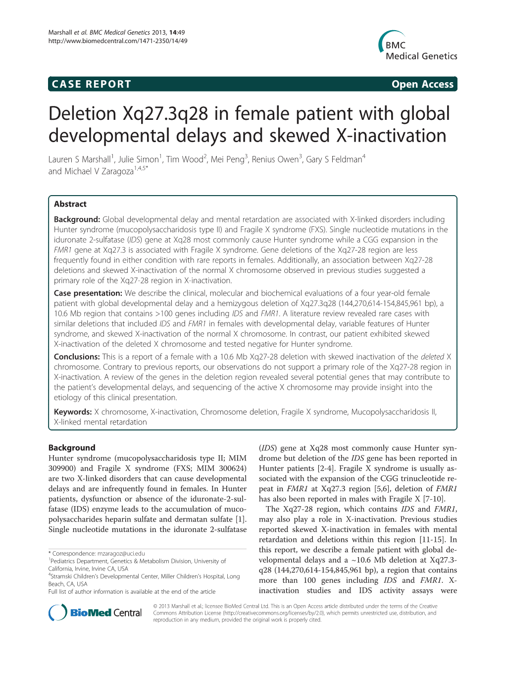 Deletion Xq27.3Q28 in Female Patient with Global Developmental Delays