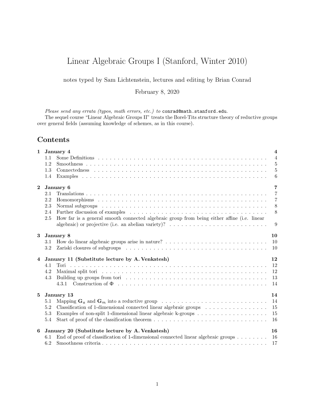 Linear Algebraic Groups I (Stanford, Winter 2010)