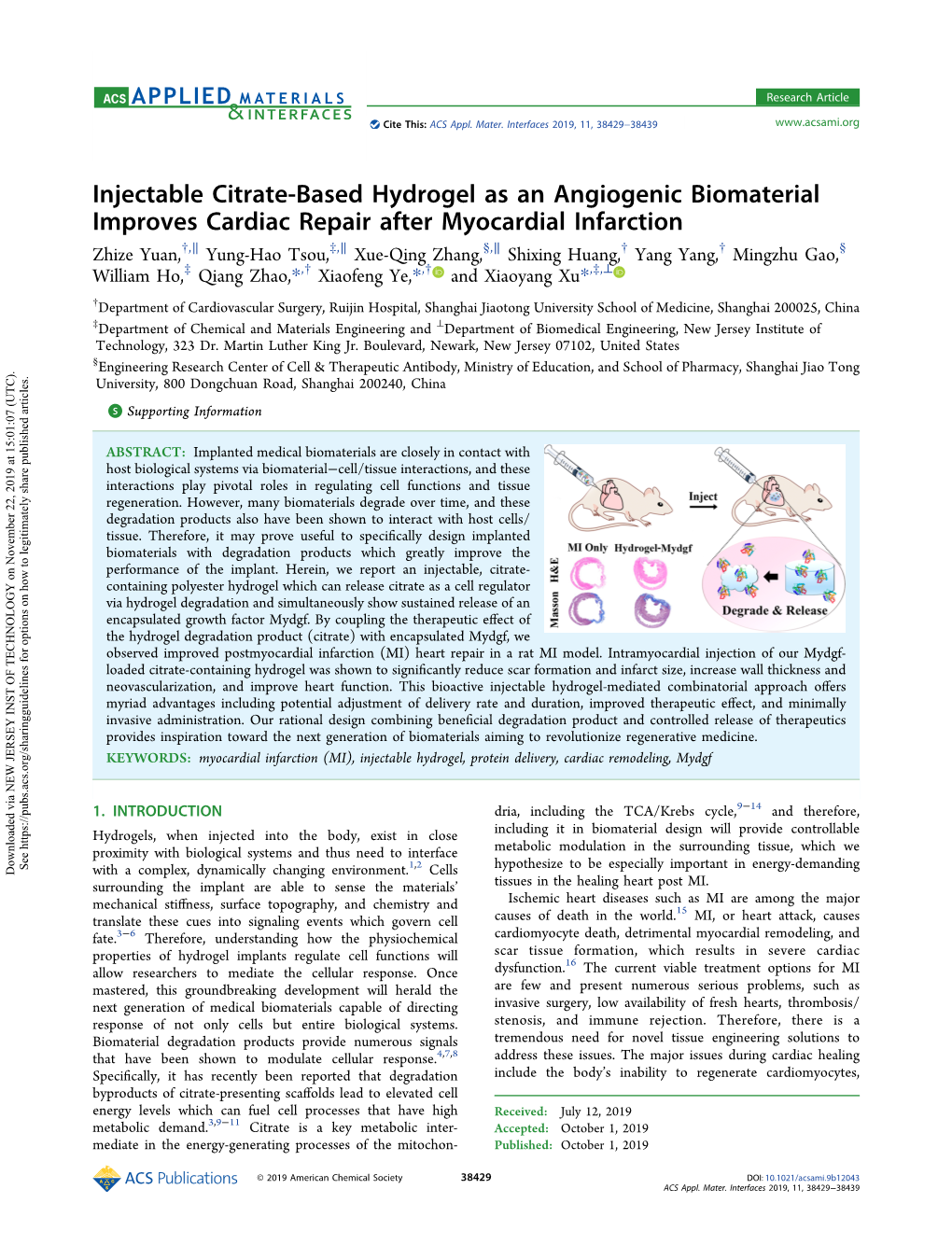 Injectable Citrate-Based Hydrogel As an Angiogenic Biomaterial