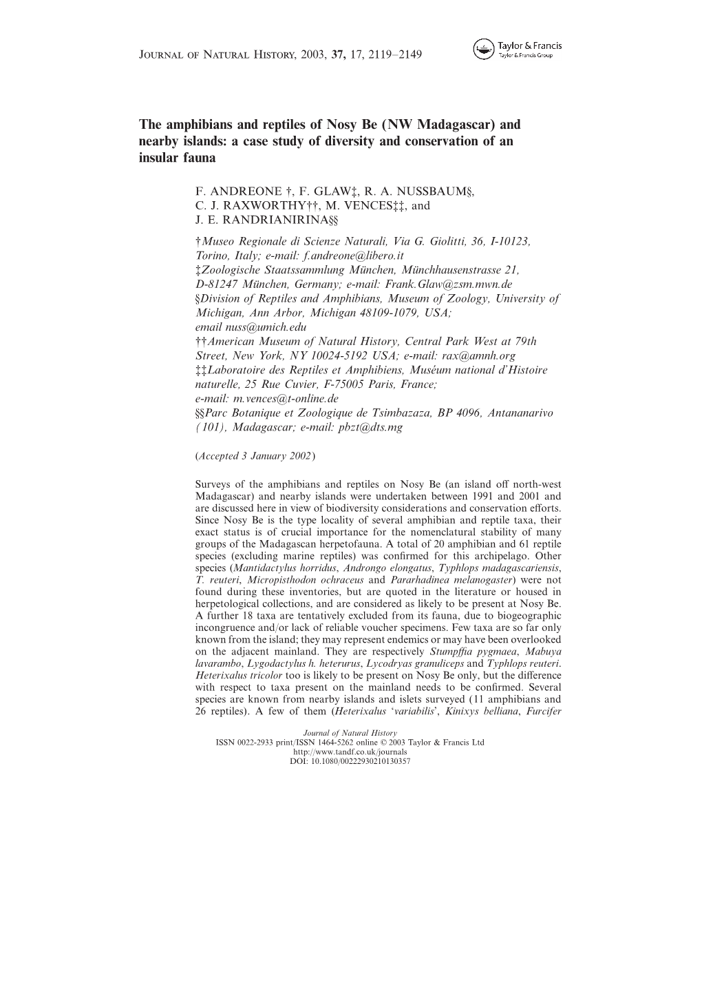 The Amphibians and Reptiles of Nosy Be (NW Madagascar) and Nearby Islands: a Case Study of Diversity and Conservation of an Insular Fauna