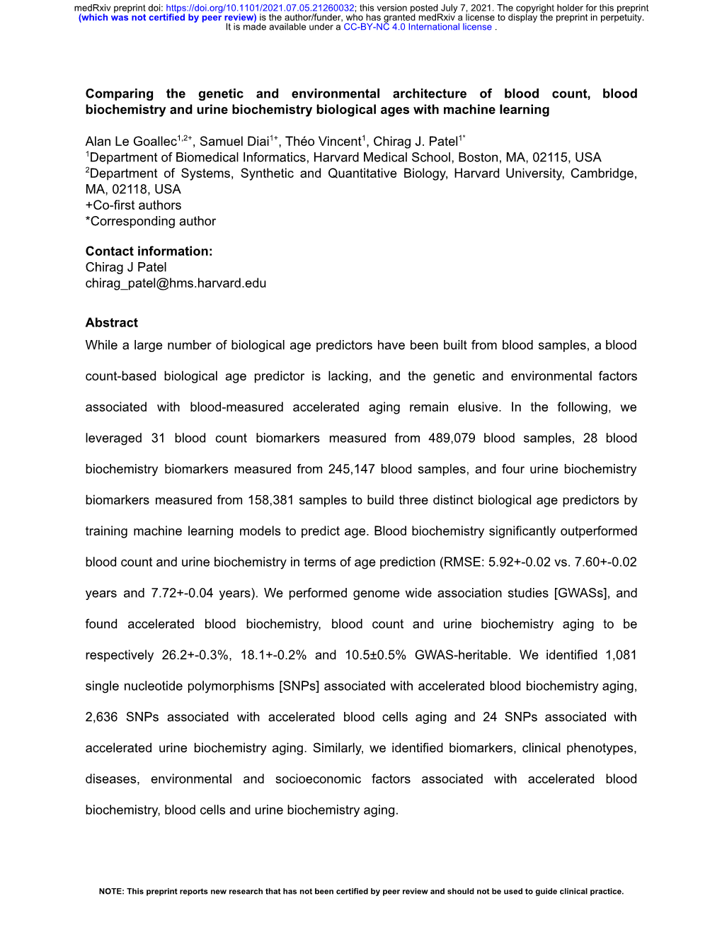 Blood Aging Is Correlated with Facial Aging