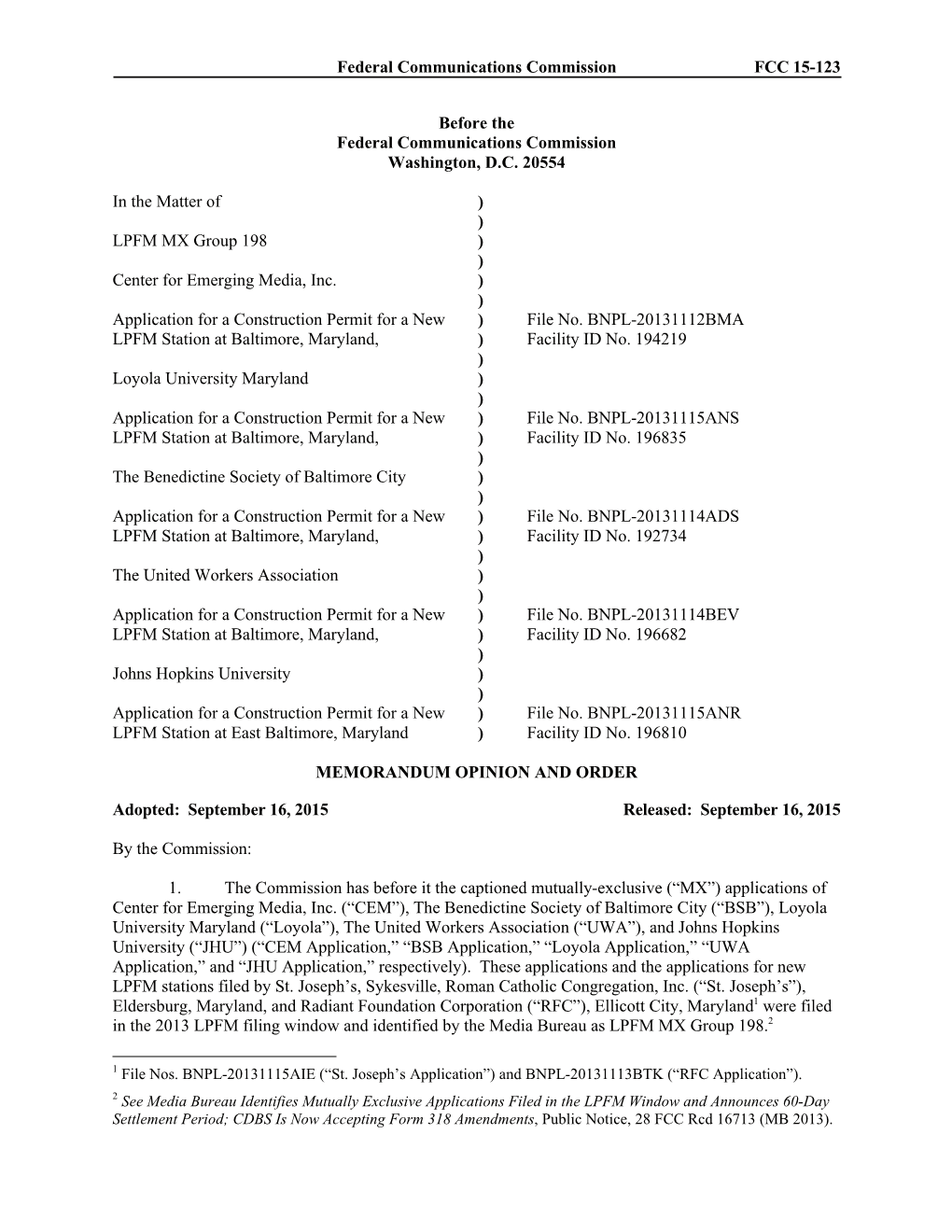 Federal Communications Commission FCC 15-123 Before the Federal