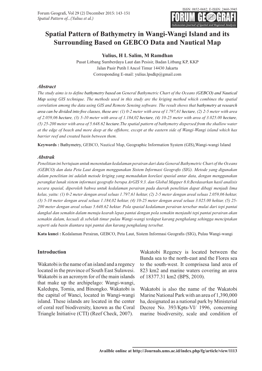 Spatial Pattern of Bathymetry in Wangi-Wangi Island and Its Surrounding Based on GEBCO Data and Nautical Map