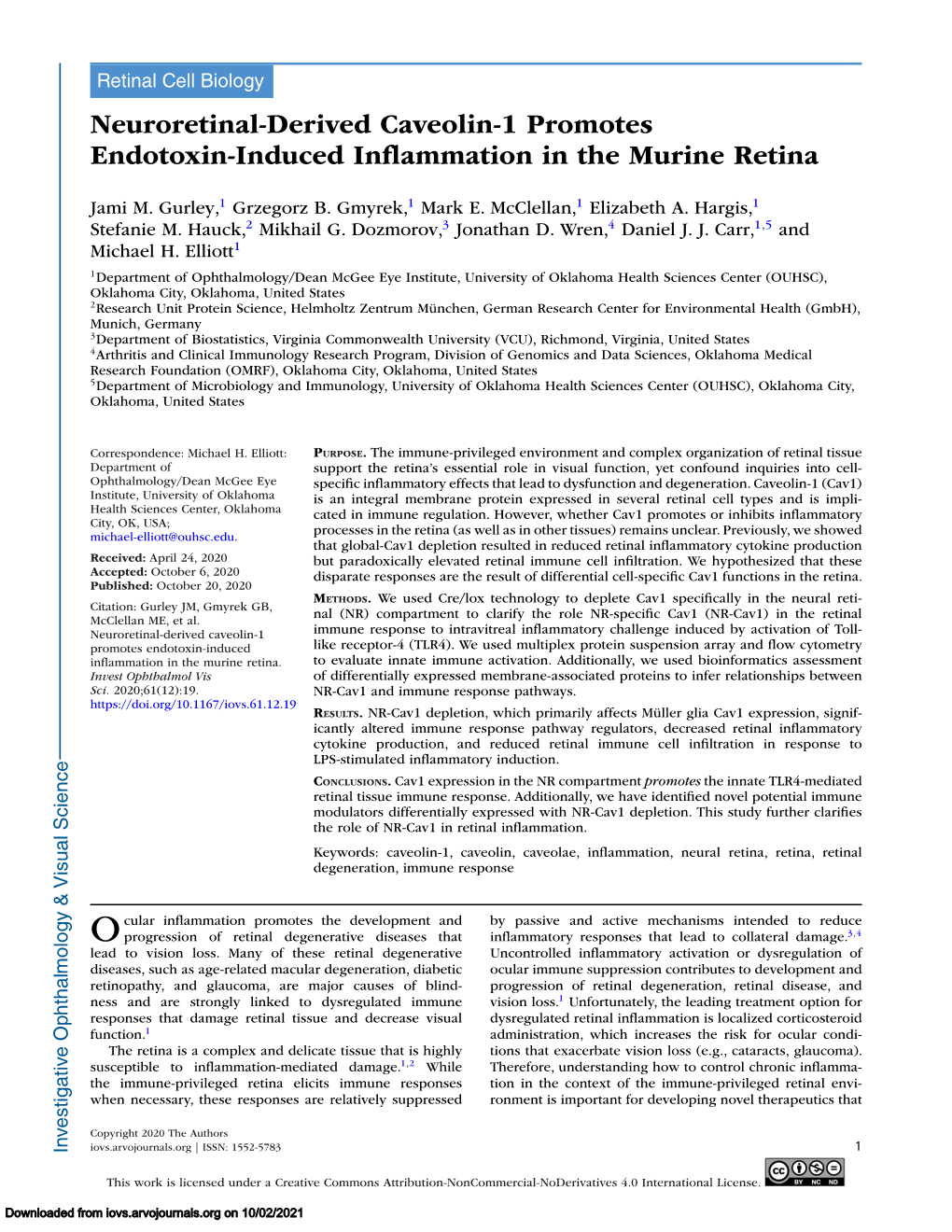 Neuroretinal-Derived Caveolin-1 Promotes Endotoxin-Induced Inflammation in the Murine Retina