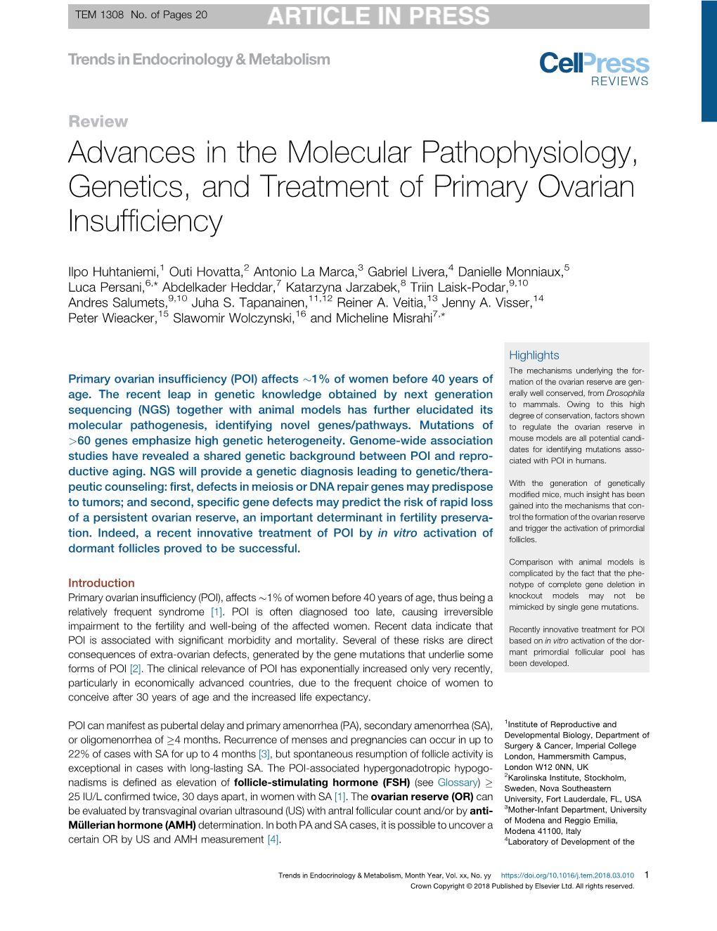 Advances in the Molecular Pathophysiology, Genetics, and Treatment of Primary Ovarian Insufficiency