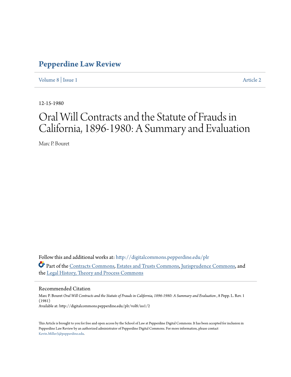 Oral Will Contracts and the Statute of Frauds in California, 1896-1980: a Summary and Evaluation Marc P