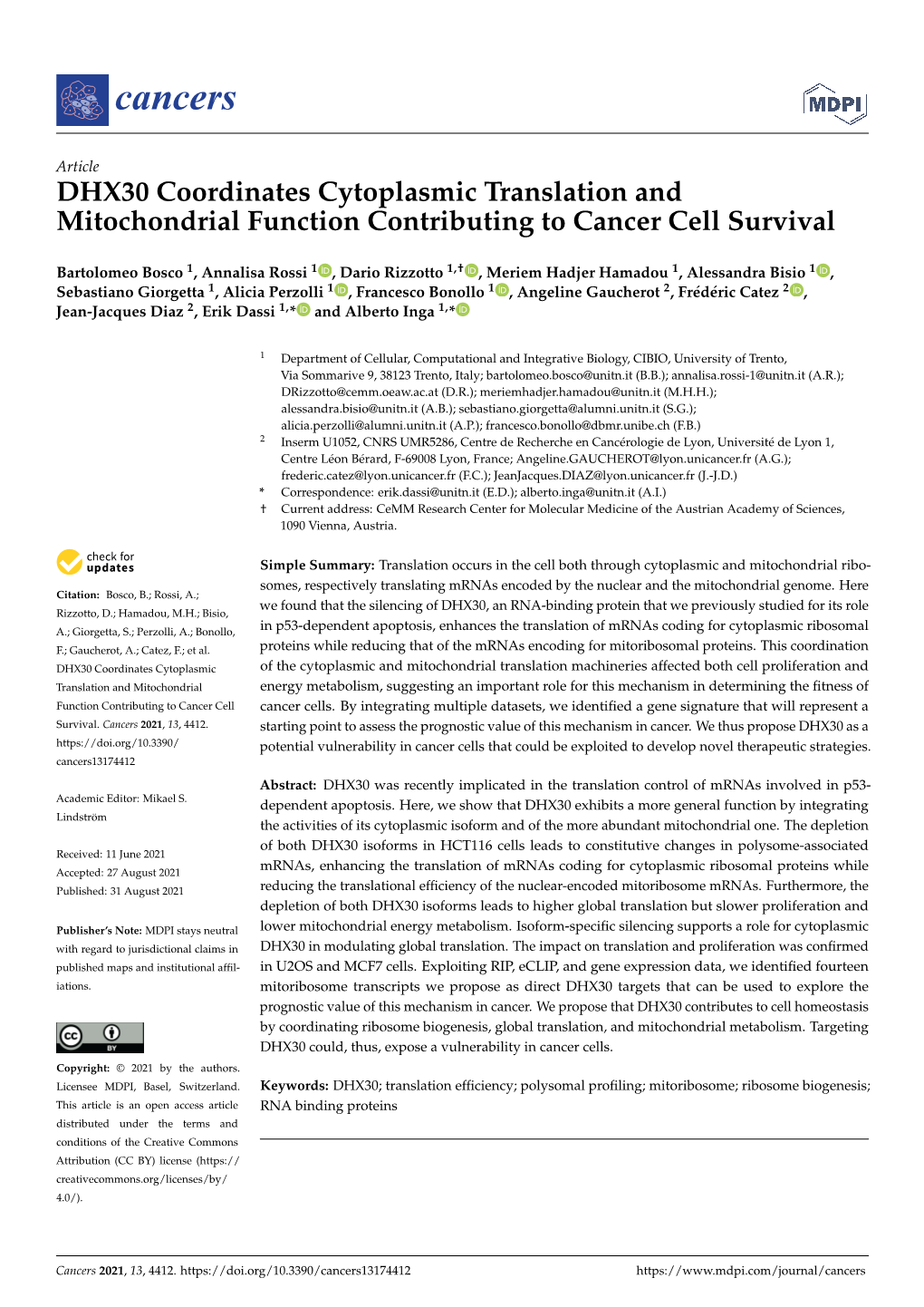 DHX30 Coordinates Cytoplasmic Translation and Mitochondrial Function Contributing to Cancer Cell Survival