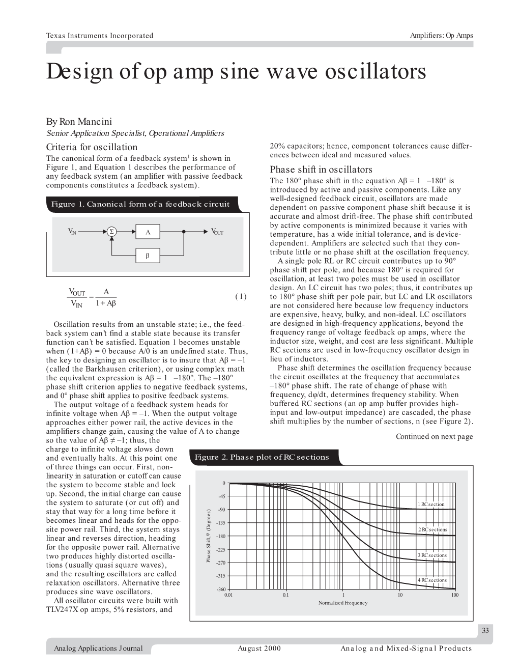 Design of Op Amp Sine Wave Oscillators