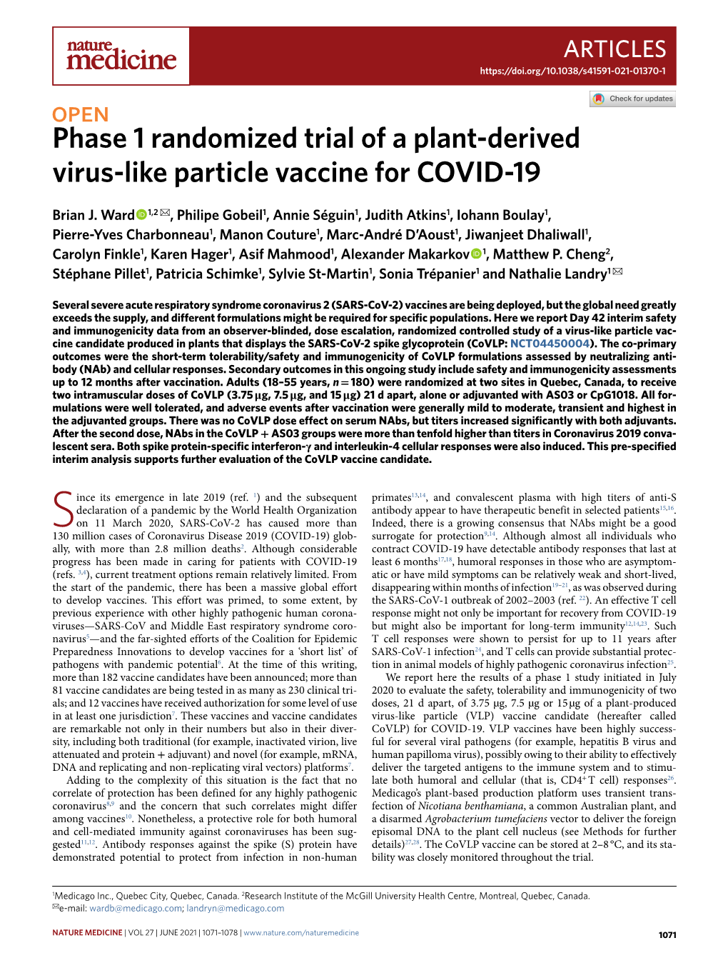 Phase 1 Randomized Trial of a Plant-Derived Virus-Like Particle Vaccine for COVID-19