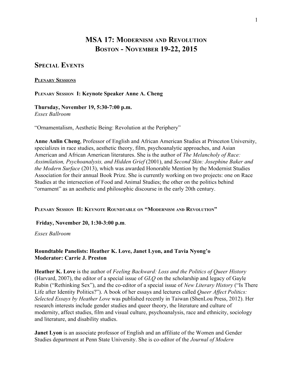 Msa 17: Modernism and Revolution Boston ­ November 19­22, 2015