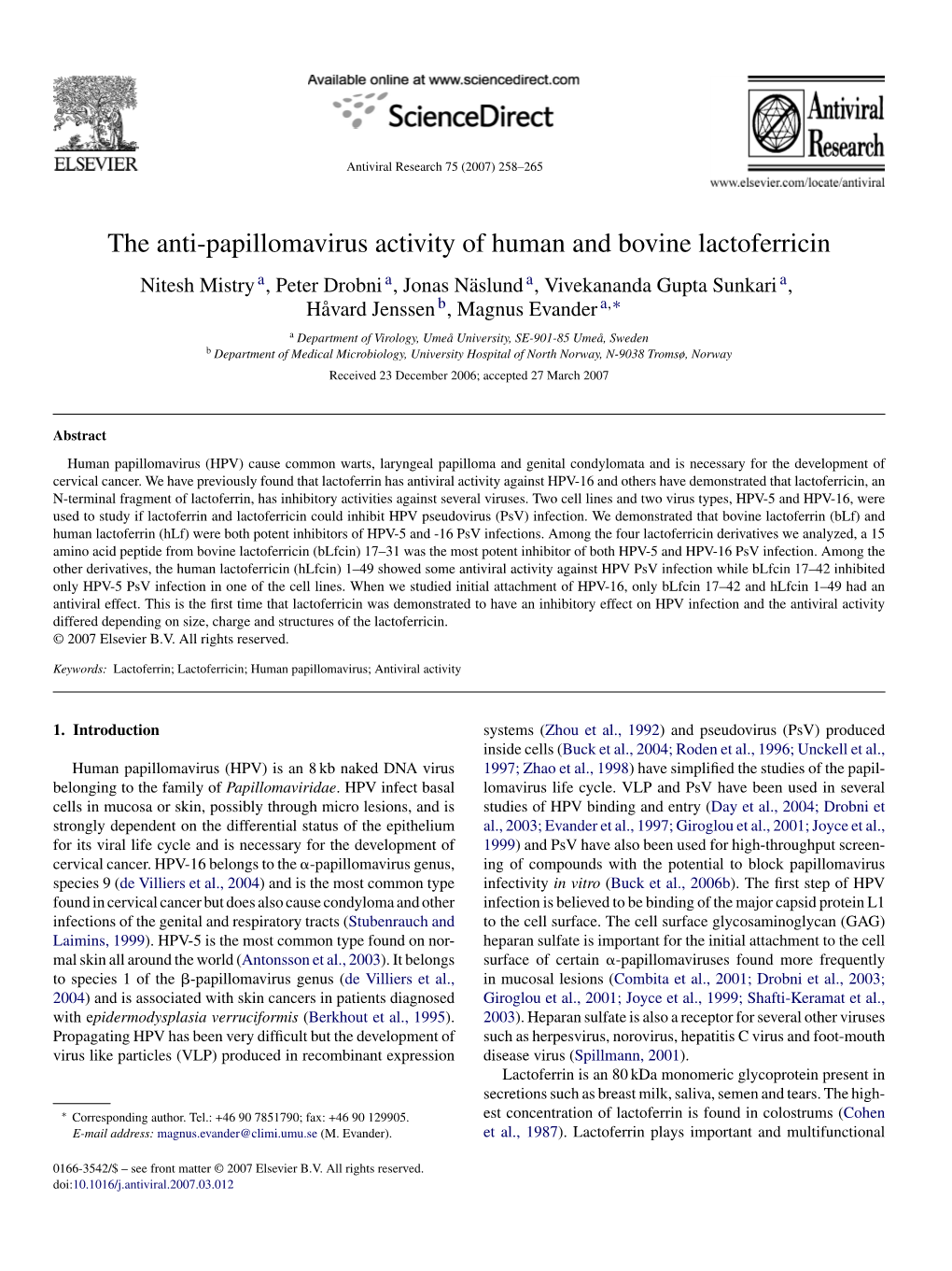 The Anti-Papillomavirus Activity of Human and Bovine Lactoferricin