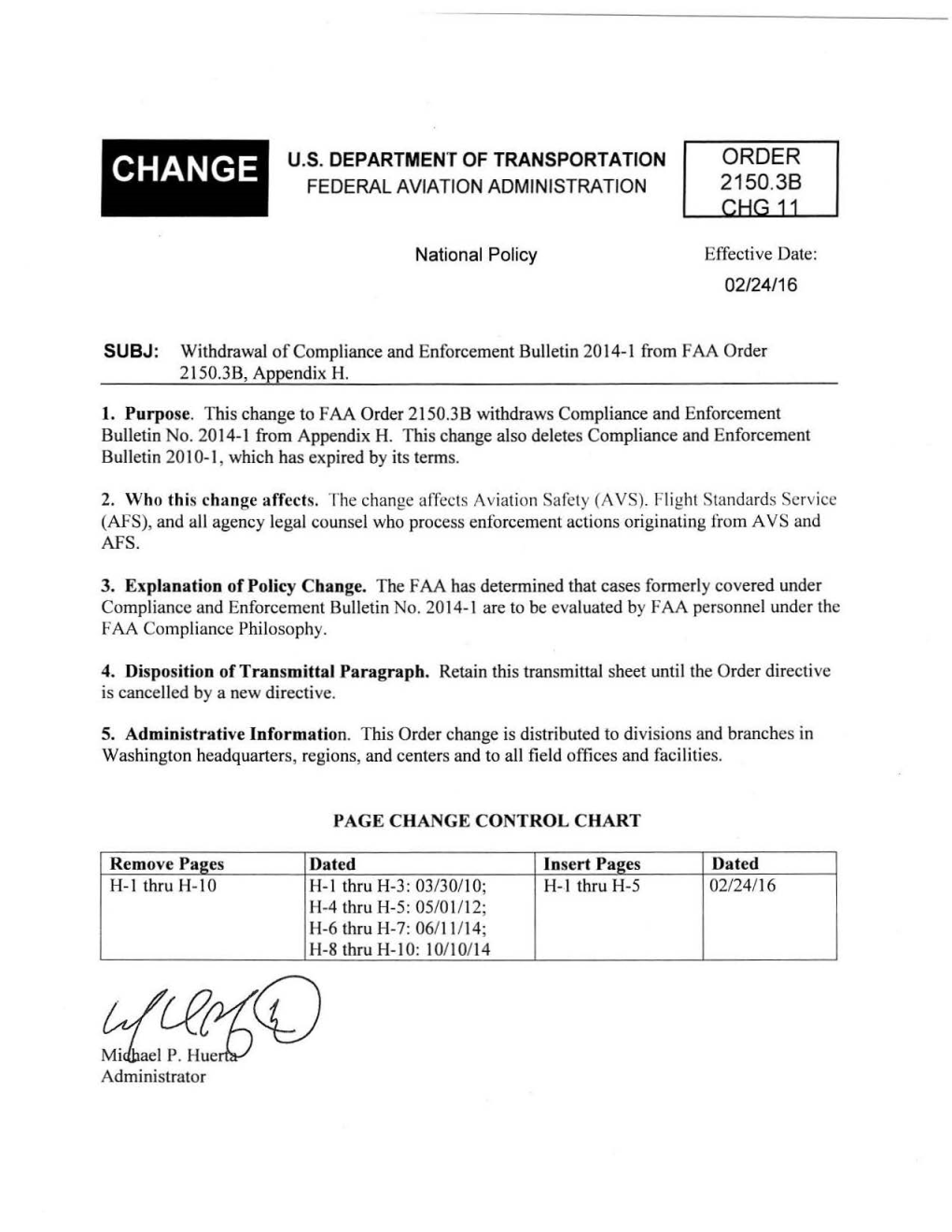 FAA Order 2150.3B Withdraws Compliance and Enforcement Bulletin No