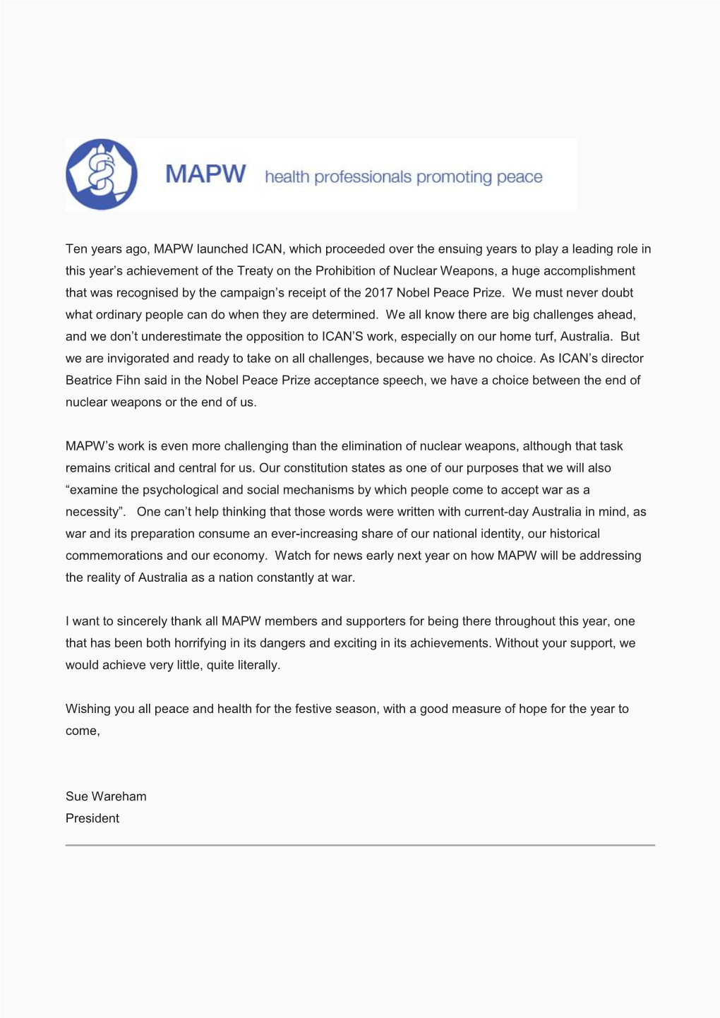 Ten Years Ago, MAPW Launched ICAN, Which Proceeded Over the Ensuing