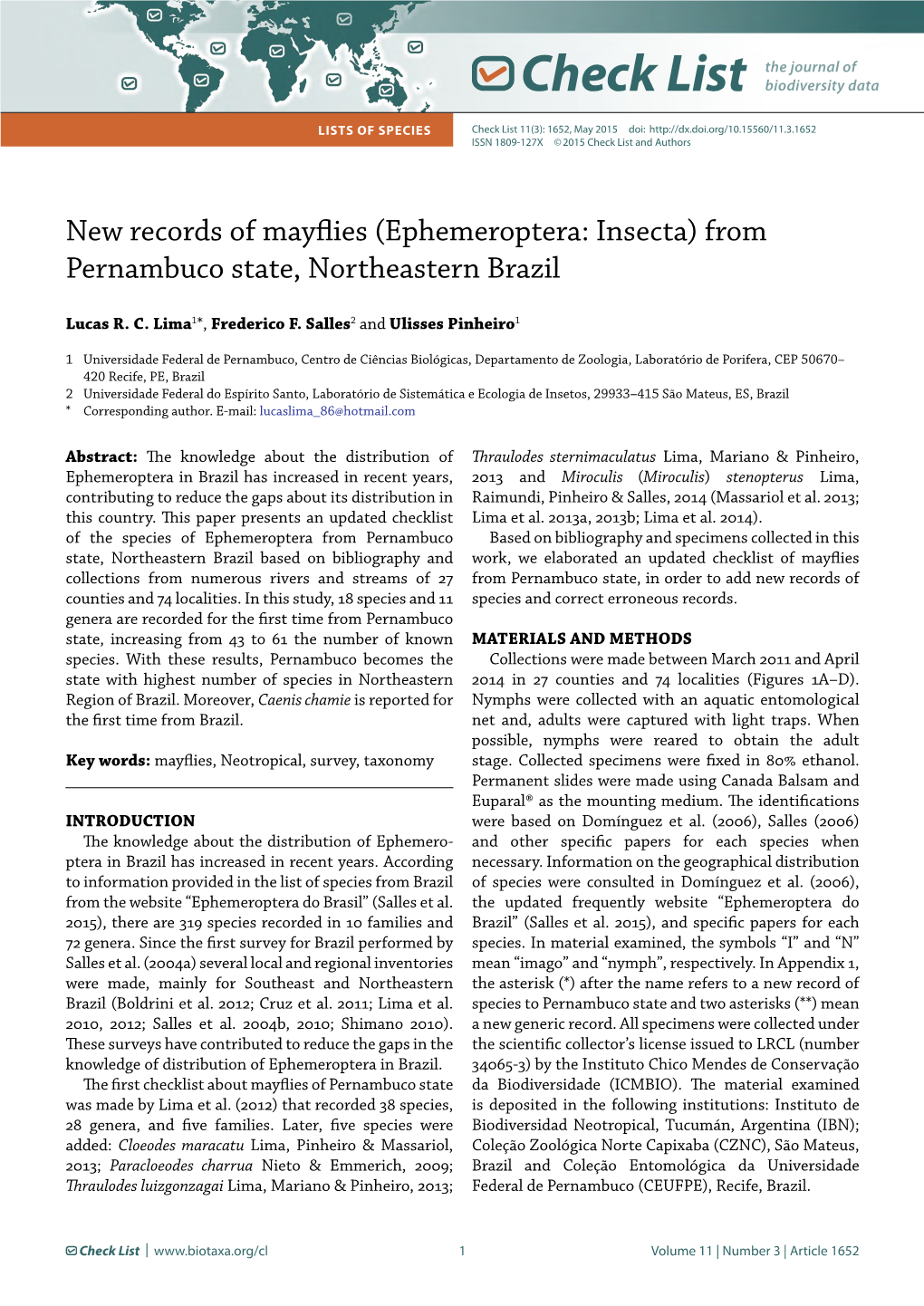 New Records of Mayflies (Ephemeroptera: Insecta) from Pernambuco State, Northeastern Brazil