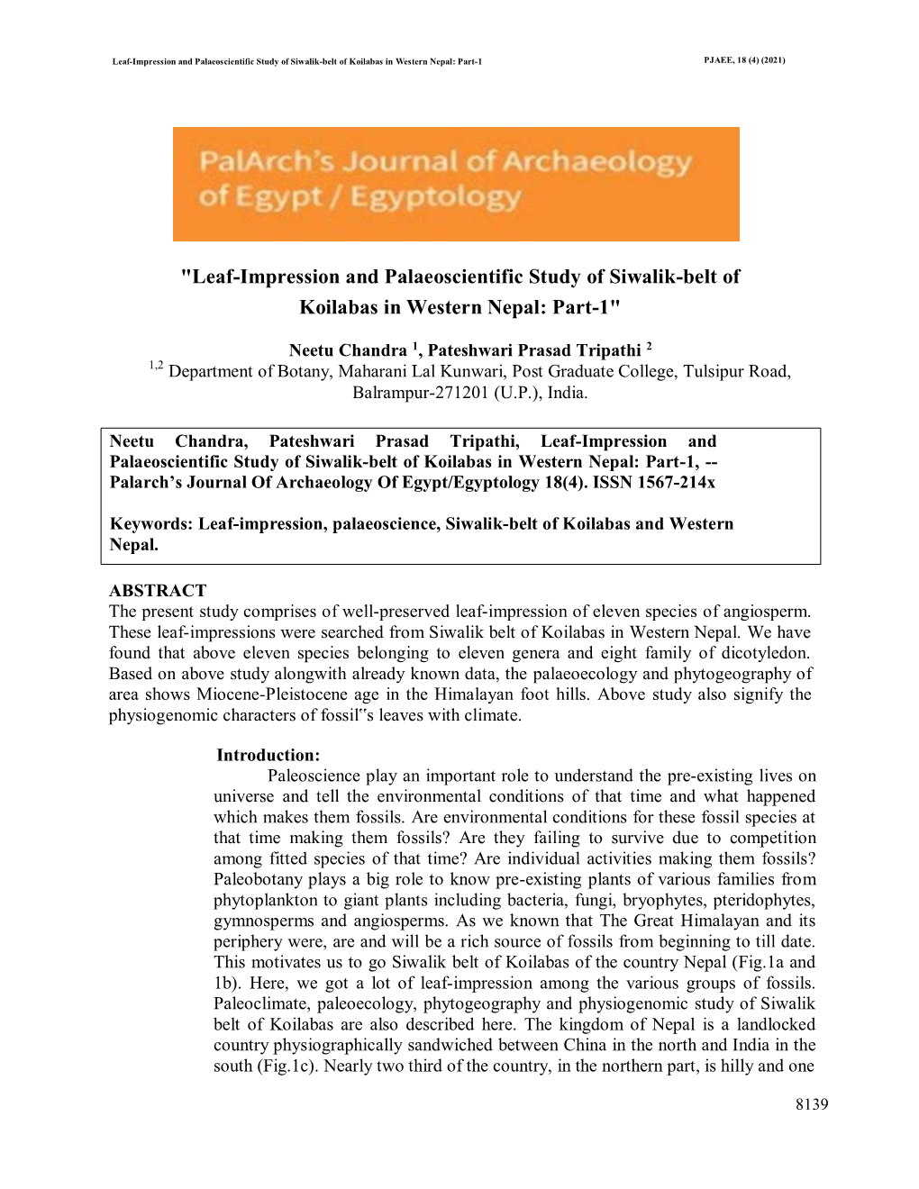 "Leaf-Impression and Palaeoscientific Study of Siwalik-Belt of Koilabas in Western Nepal: Part-1"