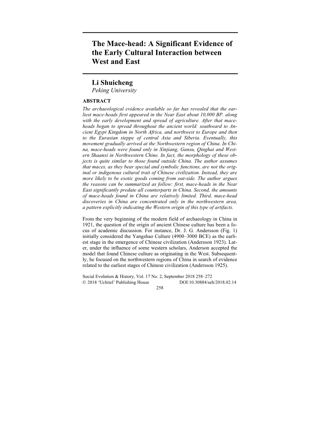 The Mace-Head: a Significant Evidence of the Early Cultural Interaction Between West and East