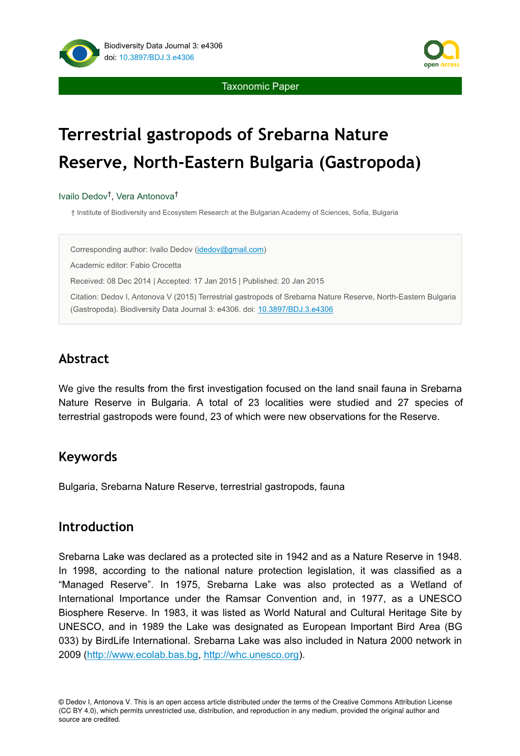 Terrestrial Gastropods of Srebarna Nature Reserve, North-Eastern Bulgaria (Gastropoda)