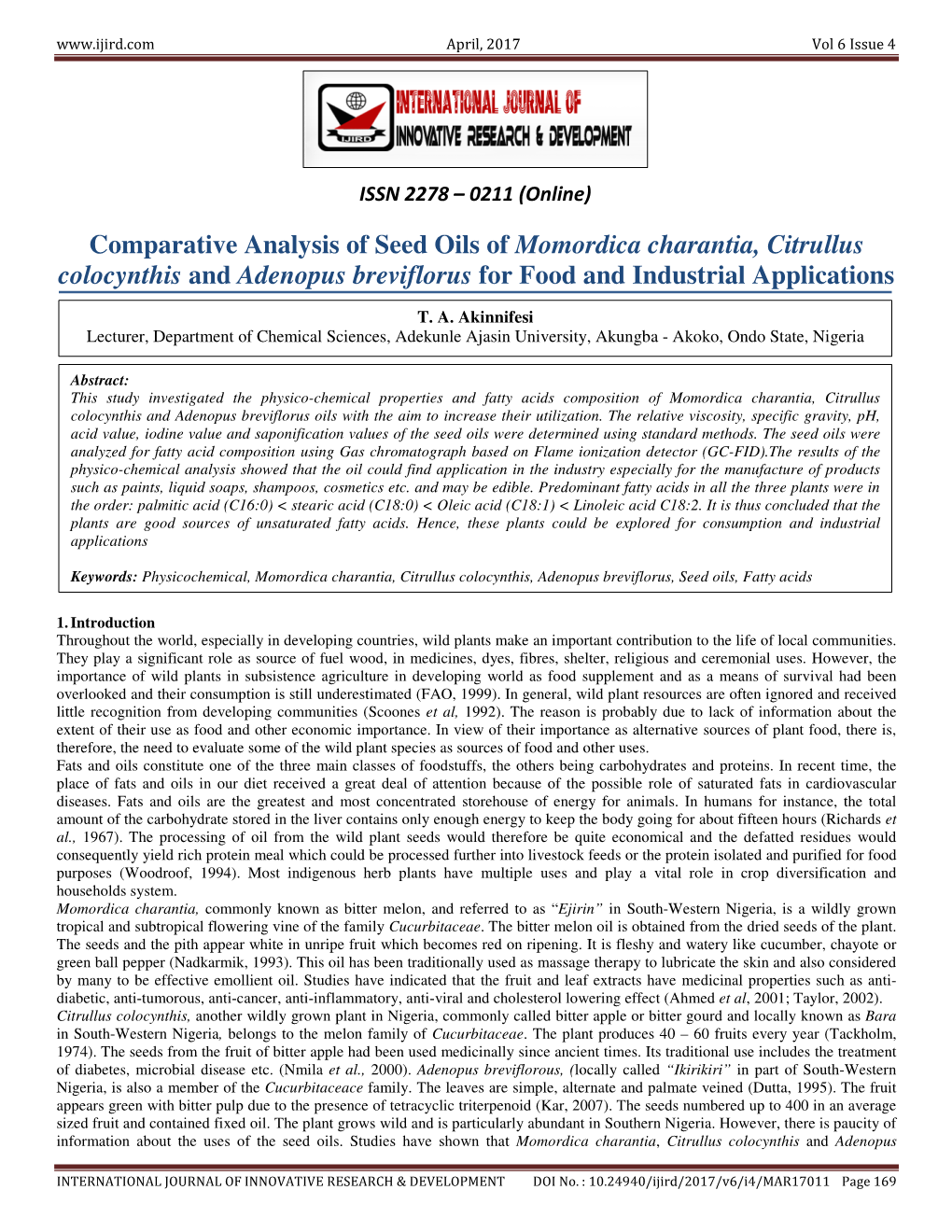 Comparative Analysis of Seed Oils of Momordica Charantia, Citrullus Colocynthis and Adenopus Breviflorus for Food and Industrial Applications