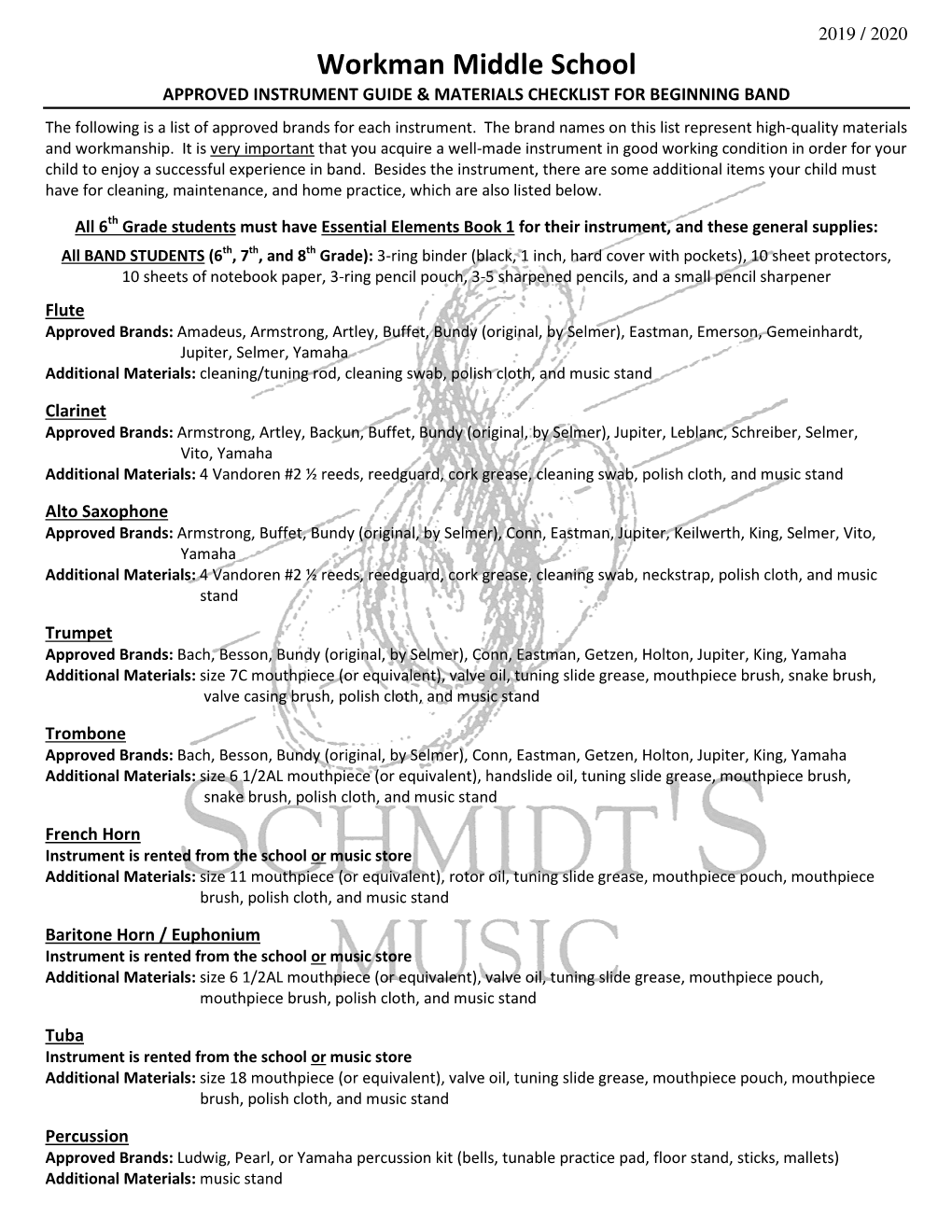 Workman Middle School APPROVED INSTRUMENT GUIDE & MATERIALS CHECKLIST for BEGINNING BAND