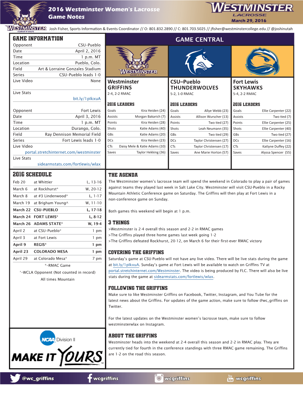 RMACWLAX 2016 Westminster Women's Lacrosse Game Notes