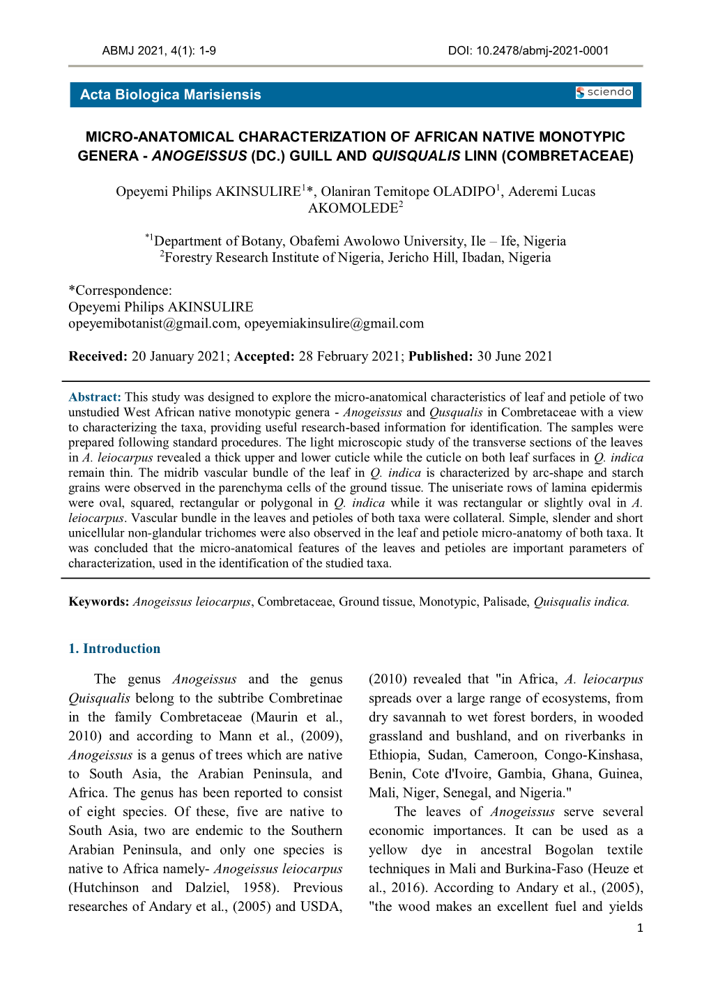 Micro-Anatomical Characterization of African Native Monotypic Genera - Anogeissus (Dc.) Guill and Quisqualis Linn (Combretaceae)