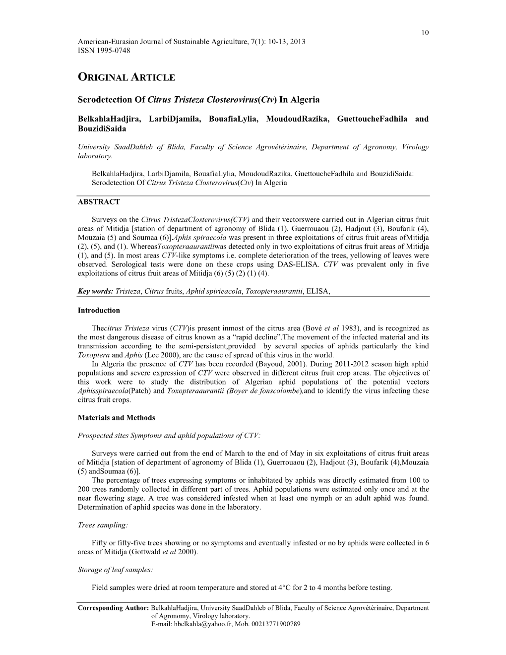 ORIGINAL ARTICLE Serodetection of Citrus Tristeza Closterovirus(Ctv) In